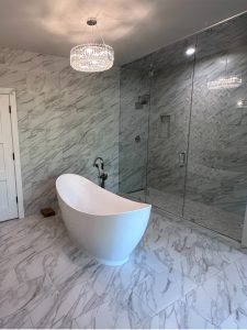 gray and white marble bathroom tile