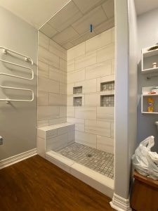 walk-in shower white tile installation