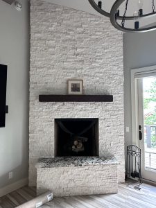 white stone fireplace